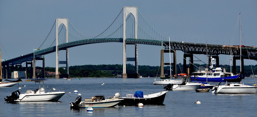 The Claiborne Pell Newport Bridge crosses the eastern passage of Narragansett Bay near Newport, Rhode Island.