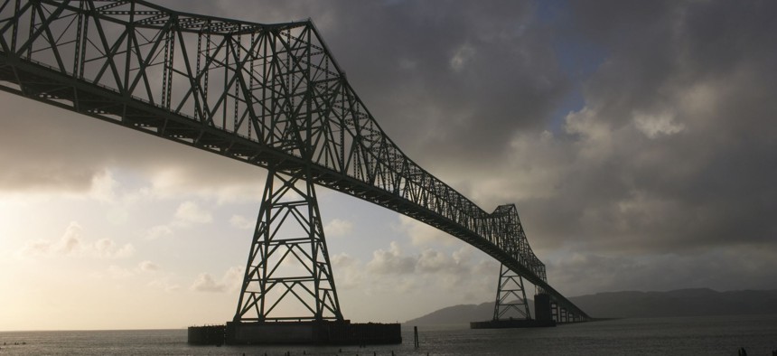 The Astoria-Megler Bridge near Astoria, Oregon, crosses the Columbia River near where it meets the Pacific Ocean.