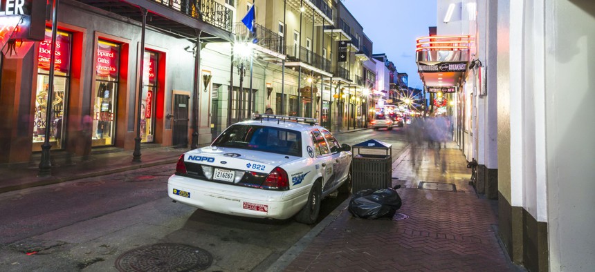 A New Orleans police cruiser in the French Quarter.