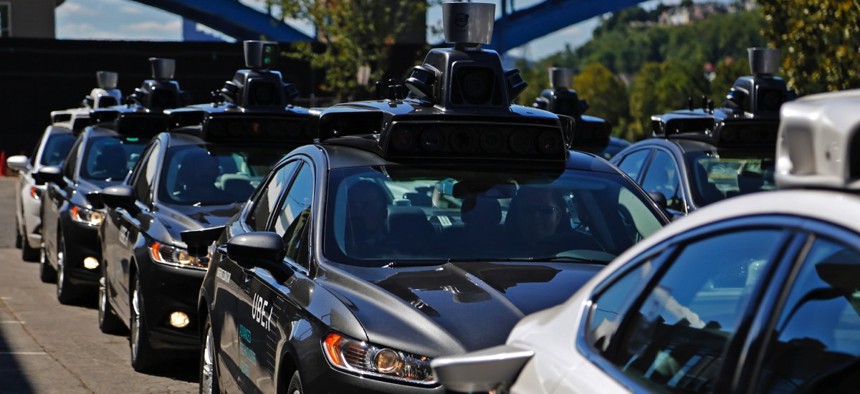 A fleet of Uber's autonomous vehicles in Pittsburgh.