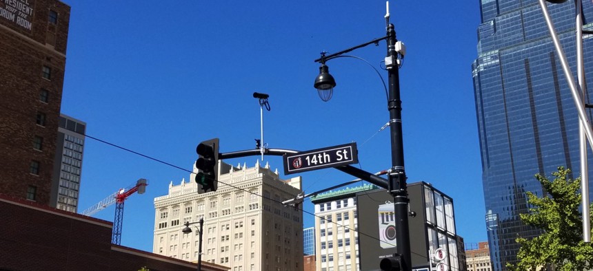 Sensors and other smart infrastructure line the Main Street corridor in downtown Kansas City's Power and Light District.
