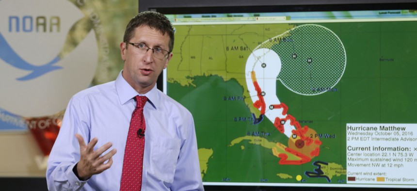 National Hurricane Center director Rick Knabb speaks during a televised forecast for Hurricane Matthew , Wednesday, Oct. 5, 2016, in Miami. 
