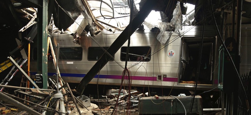 Damage done to the Hoboken Terminal after a commuter train crash.