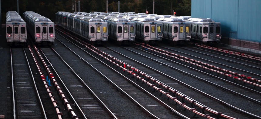 Market-Frankford line trains remain idle at a Southeastern Pennsylvania Transportation Authority (SEPTA) station just outside Philadelphia on Tuesday.
