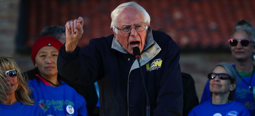 Sen. Bernie Sanders speaks to supporters at a rally in support of Colorado Amendment 69.