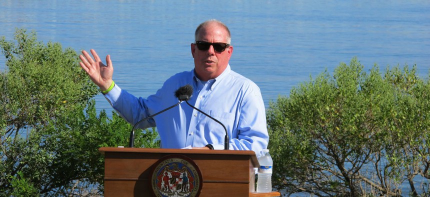 Gov. Larry Hogan speaks at a news conference on Tuesday, Aug. 30, 2016 near Annapolis, Md.