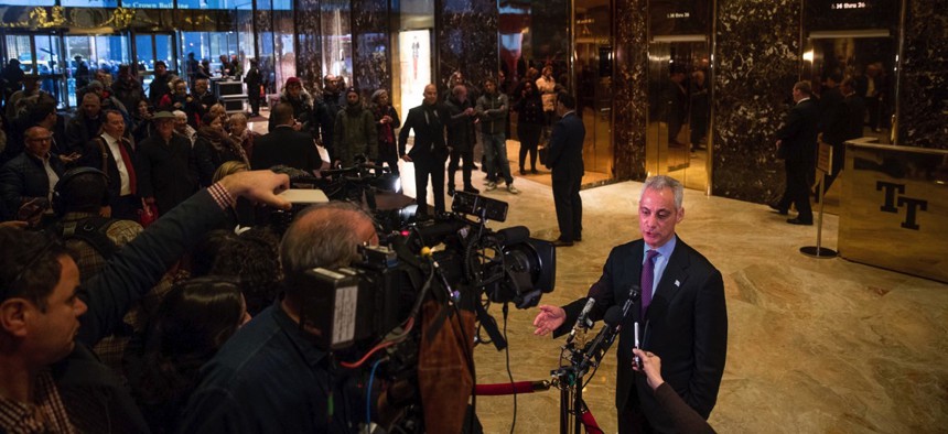 Chicago Mayor Rahm Emanuel speaks with members of the media after meeting with President-elect Donald Trump at Trump Tower in New York.