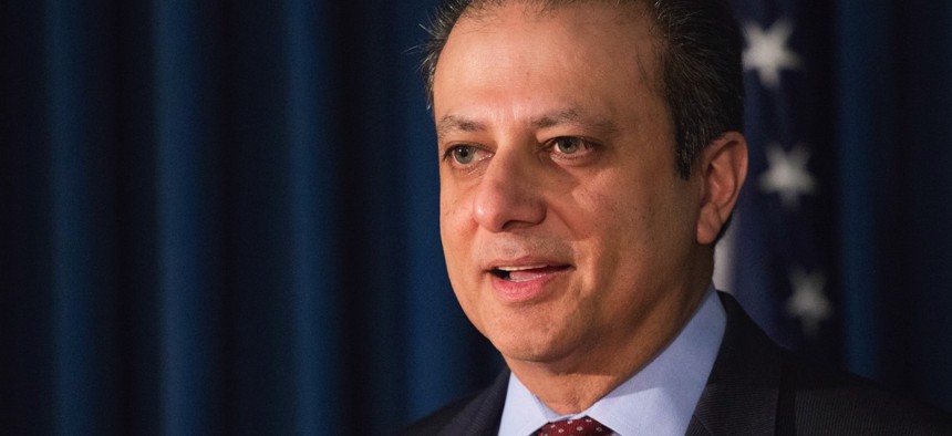 United States District Attorney Preet Bharara announces charges Wednesday in New York.