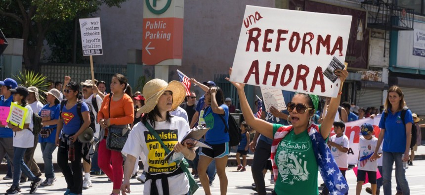 Immigration reform activists march in protest in Los Angeles, California.