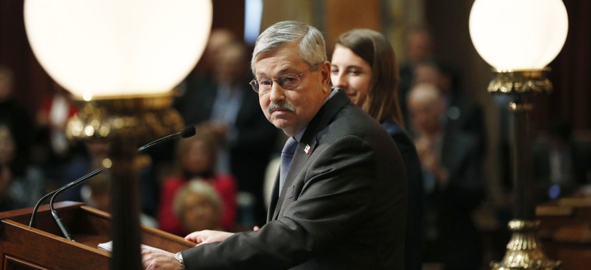 Iowa Gov. Terry Branstad delivers his annual condition of the state address before a joint session of the Iowa Legislature, Tuesday, Jan. 10, 2017, at the Statehouse in Des Moines, Iowa.
