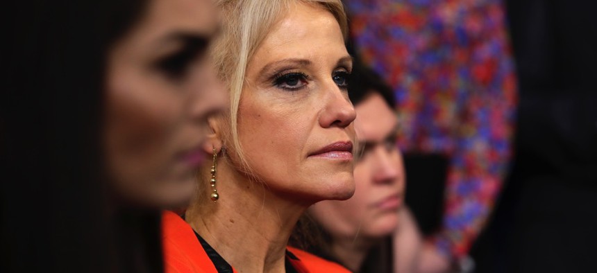 Counselor to President Kellyanne Conway listens during the daily White House briefing.
