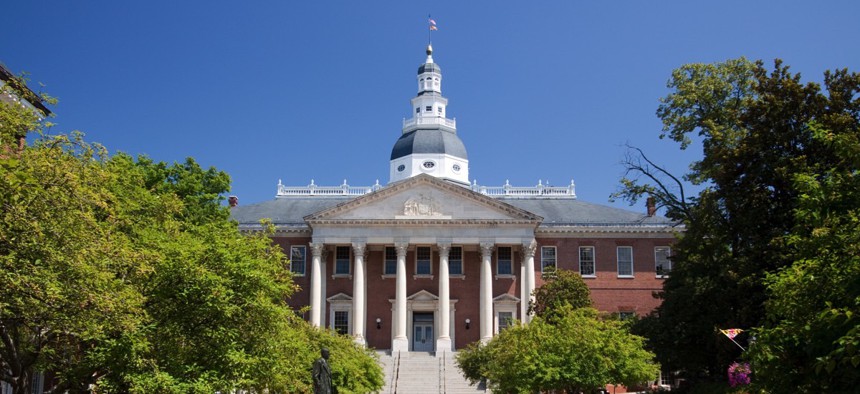 The Maryland State Capitol. In Maryland, the pay gap among state employees was largest in Republican Gov. Larry Hogan’s office, where men hold more senior positions and women earn 68 percent of what men earn. 