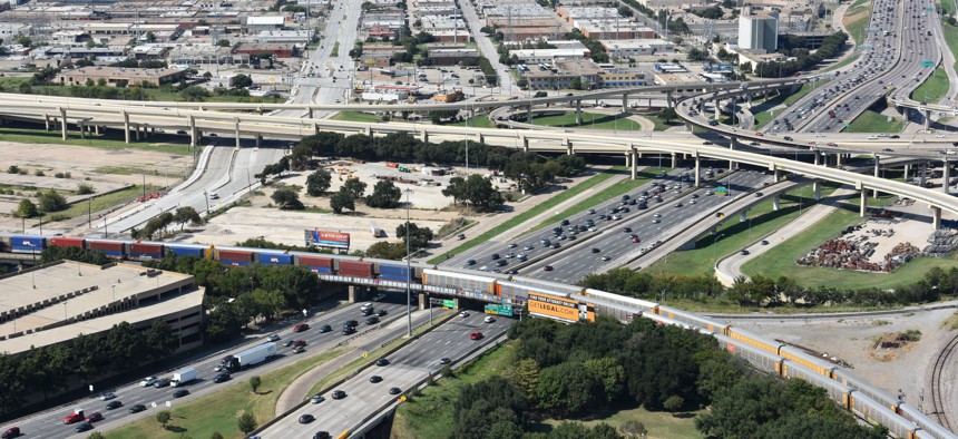 The junction of Interstate 35E and the Woodall Rogers Freeway near downtown Dallas.