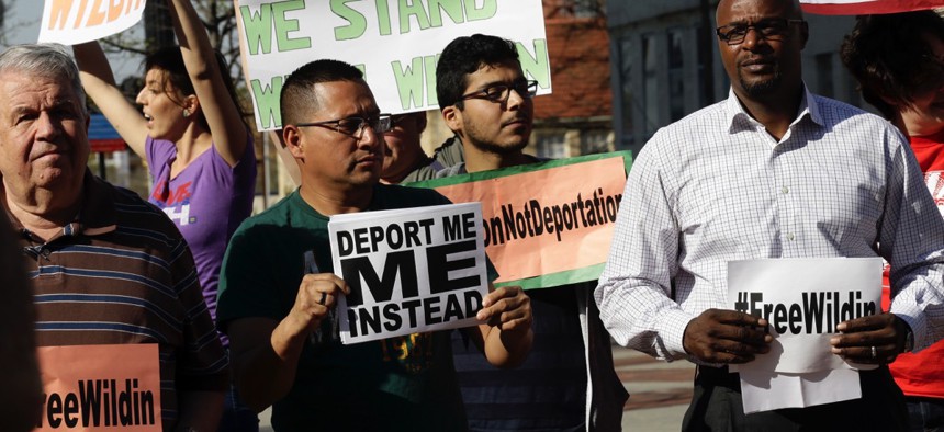 Supporters of detained 19-year-old Wildin Acosta participate in an immigration rally in Durham, North Carolina in 2016.