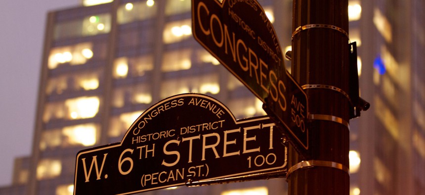 The intersection of 6th Street and Congress Avenue is in the heart of Austin.