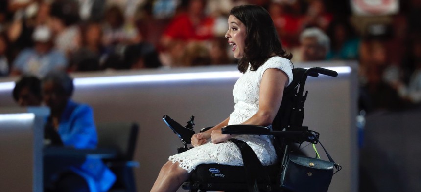 Anastasia Somoza speaks on disability rights during the first day of the Democratic National Convention in Philadelphia , Monday, July 25, 2016. 