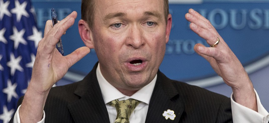 Trump administration Budget Director Mick Mulvaney speaks during a news conference at the White House.
