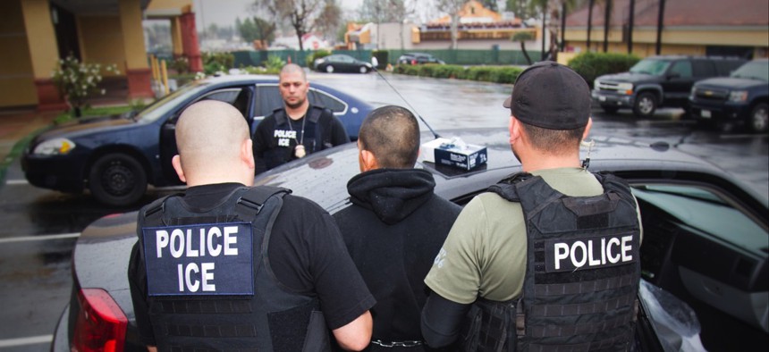 Foreign nationals are arrested during a targeted enforcement operation conducted by U.S. Immigration and Customs Enforcement in Los Angeles in February.