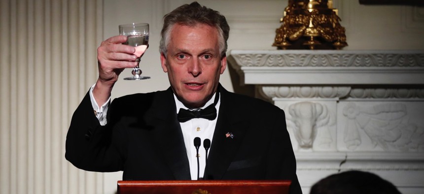 Virginia Gov. Terry McAuliffe makes a toast during a dinner reception for the annual National Governors Association winter meeting Feb. 26 at the State Dining Room of the White House in Washington, D.C.