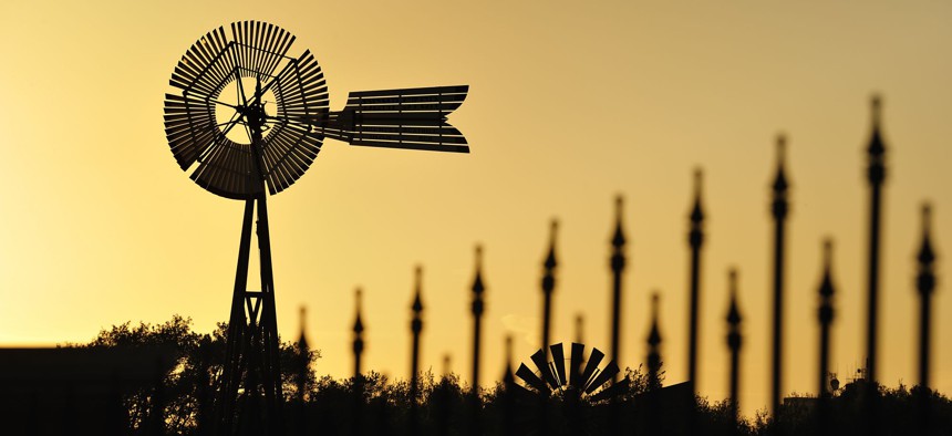 Silhouette of windmills near Lubbock, Texas