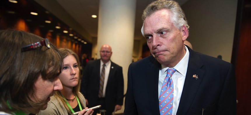 Gov. Terry McAuliffe being interviewed by journalists at a meeting of the National Governors Association in Washington, D.C.