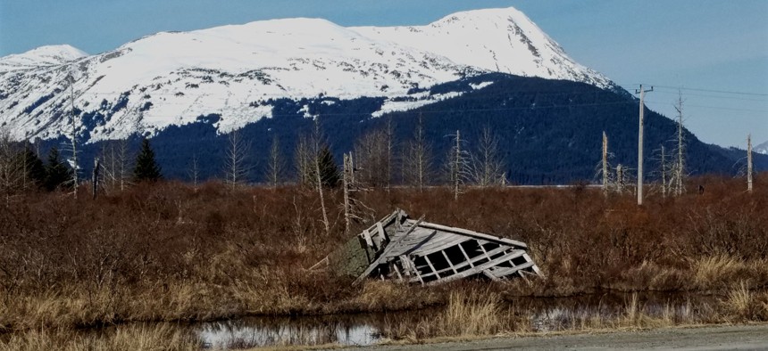 The ruins of Portage, Alaska, as seen from the Seward Highway.