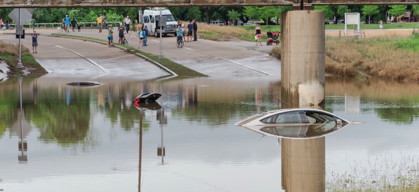 A car swamped by flood water in Houston, Texas.