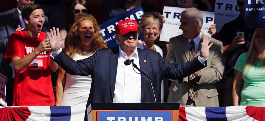Candidate Donald Trump speaking in May, 2016 in Lynden, Wash. 