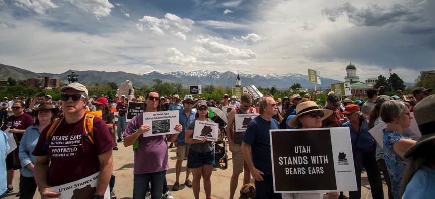 People gather in support of Bears Ears National Monument on the steps of the Utah State Capitol Building
