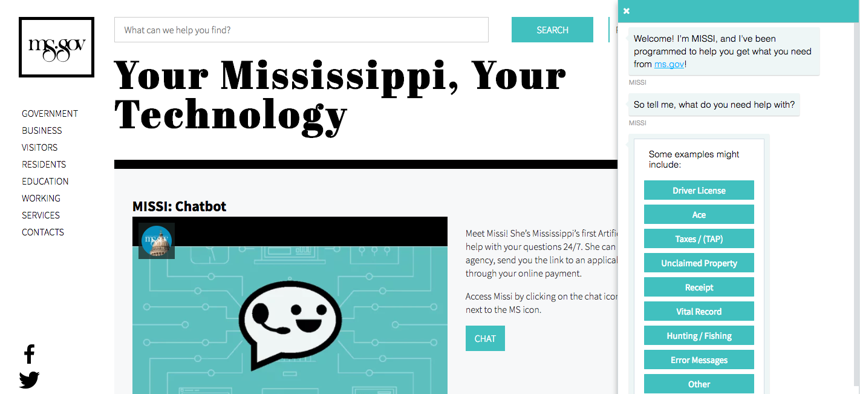Mississippi has a artificial conversational chatbot.