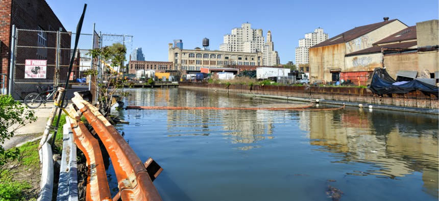The Gowanus Canal in Brooklyn, N.Y., a Superfund site and one of the nation's most seriously contaminated water bodies.