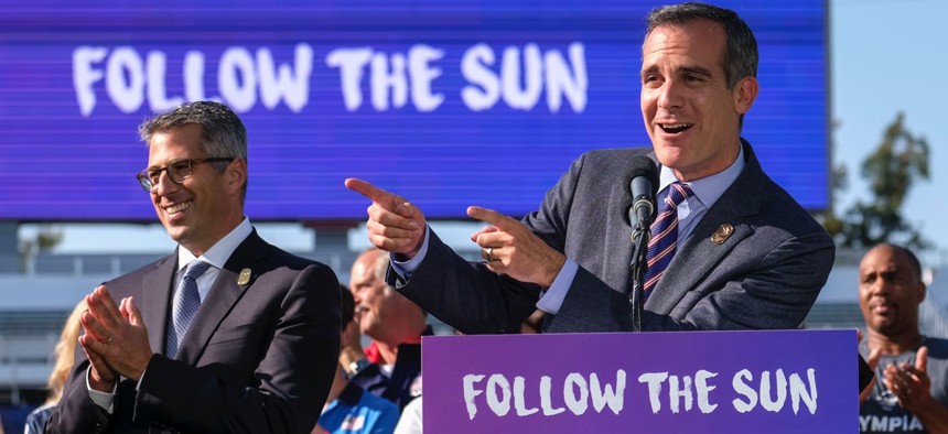 Los Angeles Mayor Eric Garcetti speaks during a press conference to make an announcement for the city to host the Olympic Games and Paralympic Games in 2028.