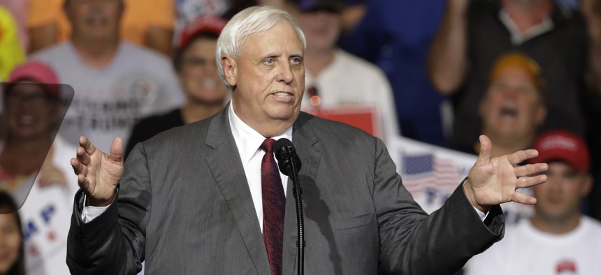 West Virginia Gov. Jim Justice speaks during a rally Thursday, Aug. 3, 2017, in Huntington, W.Va. 