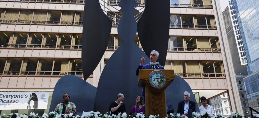 Mayor Rahm Emanuel speaks during the commemoration of Chicago Picasso.