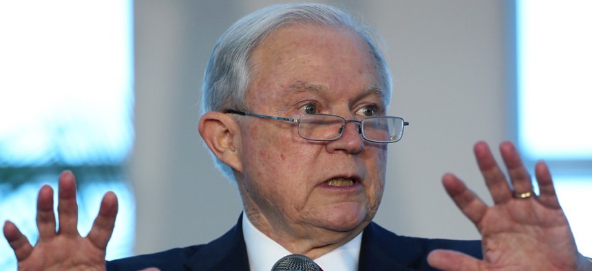 U.S. Attorney General Jeff Sessions speaks during a news conference Wednesday at PortMiami.