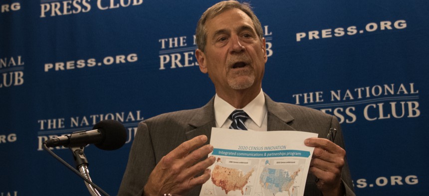 John Thompson, former director of the US Bureau of the Census speaks about his recent resignation at a National Press Club press conference on July 27.