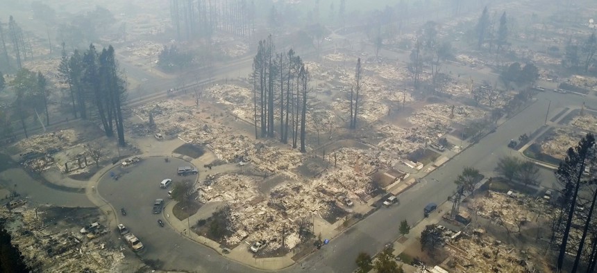 A neighborhood in Santa Rosa, California destroyed by a wildfire.