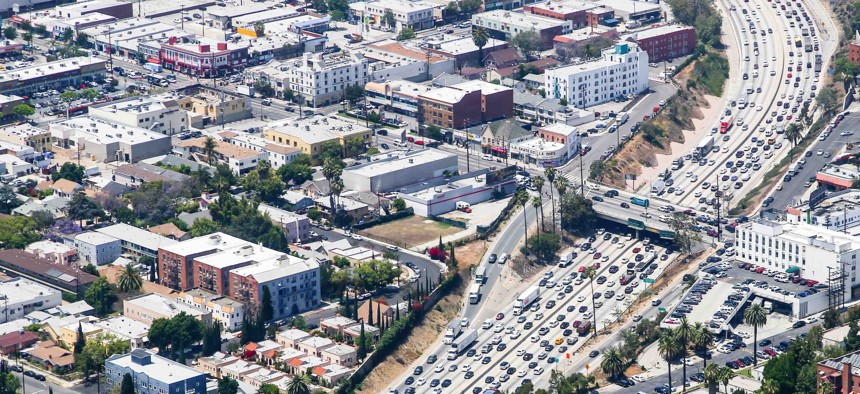 An aerial view of heavy traffic on Interstate 110 in the Los Angeles area in 2015.
