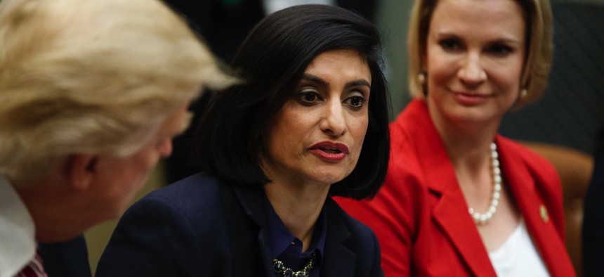 Administrator of the Centers for Medicare and Medicaid Services Seema Verma speaks during a meeting on women in healthcare with President Donald Trump.