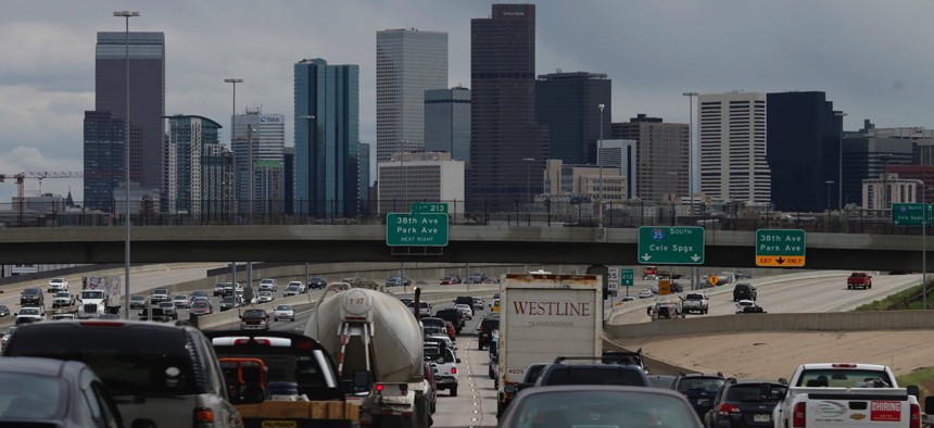 Motorists head southbound on Interstate 25 to downtown Denver.