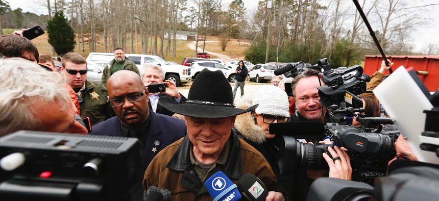 Republican U.S. Senate candidate Roy Moore talks to the media on election day as he votes in Gallant, Alabama. The state is the latest to hold a special election without an adequate audit structure in place, according to security experts.