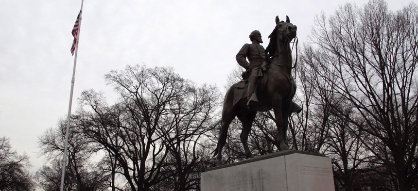 A statue of Nathan Bedford Forrest sits on a concrete pedestal at a park named after the confederate cavalryman on Wednesday, Feb. 6, 2013 in Memphis Tenn.