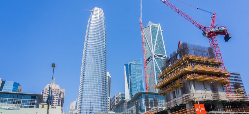 In this September 2017 photo, the Salesforce Tower, at left, in San Francisco's South of Market area nears completion.