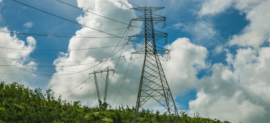 Damaged electric power transmission lines in Guayama, Puerto Rico following Hurricane Maria.