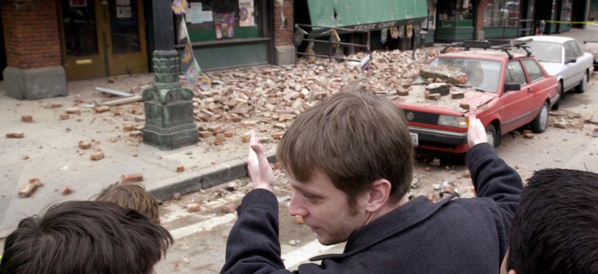 Bricks from damaged buildings fell on the streets in Seattle's Pioneer Square neighborhood following a Feb. 28, 2001 earthquake centered near Olympia, Washington.
