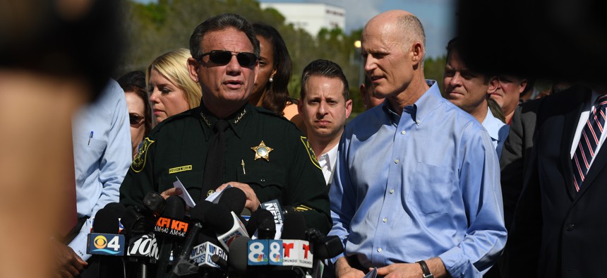 Broward County Sheriff Scott Israel speaks during a news conference with Florida Gov. RIck Scott on Feb. 15 following the school shooting in Parkland.