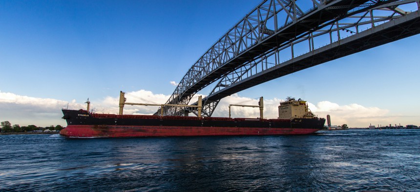 The St. Clair River at Port Huron, Michigan, which is connected to Canada via the Blue Water Bridge, a busy international border crossing.