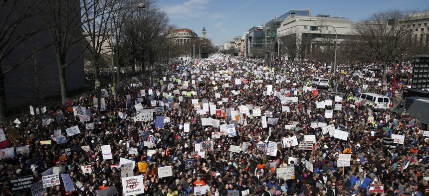 Looking west, people fill Pennsylvania Avenue during the "March for Our Lives" rally in support of gun control, Saturday, March 24, 2018, in Washington.