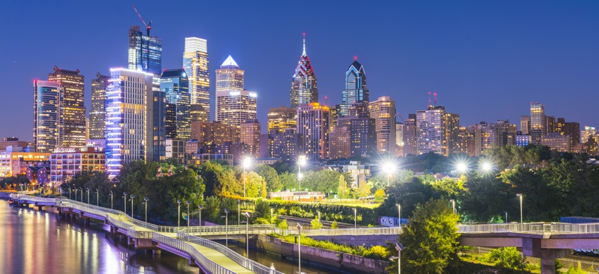 Philadelphia's skyline at night in 2017.