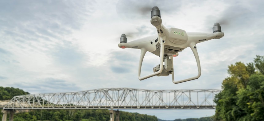 A drone flies over a river in Missouri, during 2017.